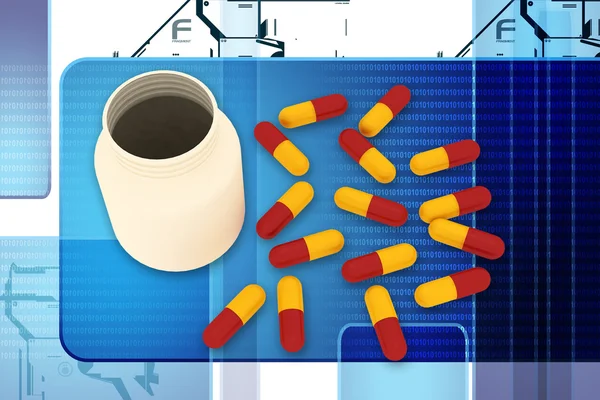 Digitale Illustration von Kapsel und Flasche im farbigen Hintergrund — Stockfoto