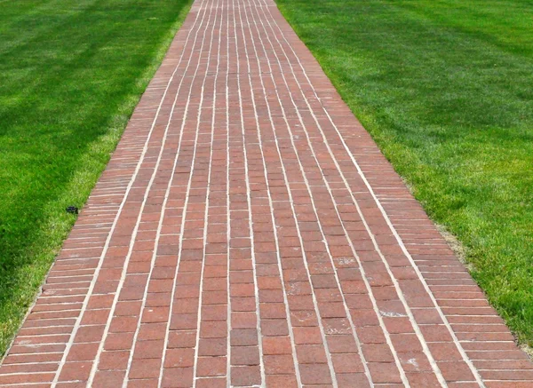 Brick pathway along green grass — Stock Photo, Image