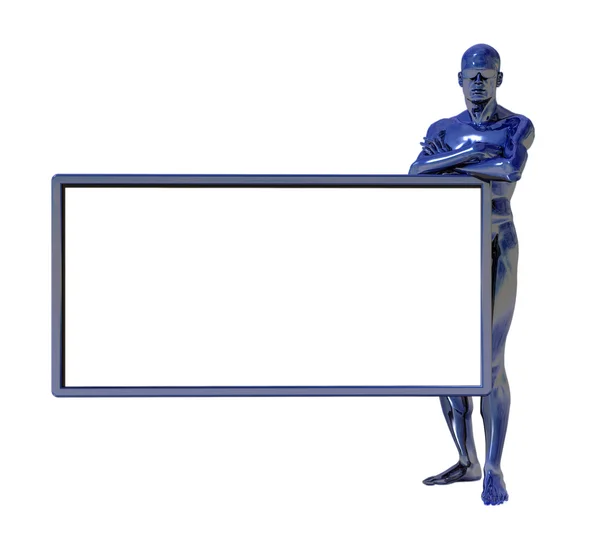 Figura homem azul e placa branca — Fotografia de Stock