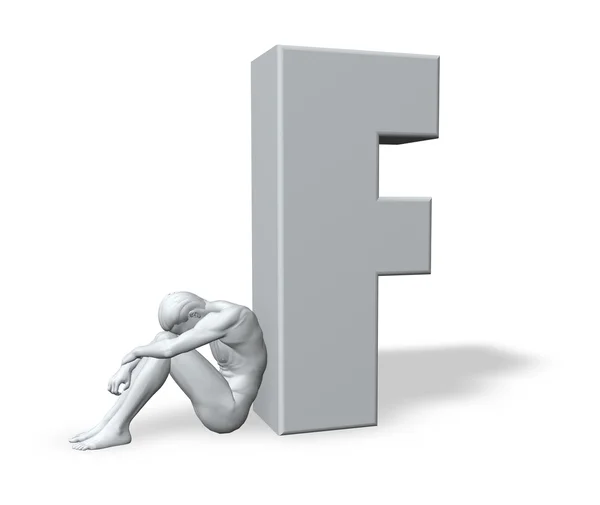 Sitting man leans on uppercase letter f — Stock Photo, Image