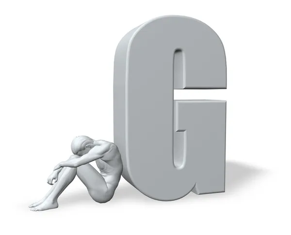 Sitting man leans on uppercase letter g — Stock Photo, Image