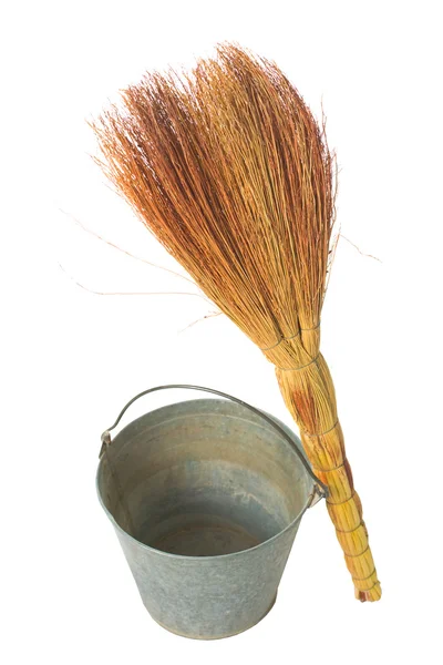 Vintage a bucket, a broom. — Stock Photo, Image