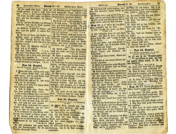 Старая антикварная открытая библия изолирована — стоковое фото