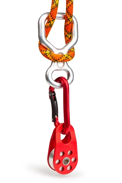 Climbing equipment - pulley, rope, carabiner, figure eight — Stock Photo, Image