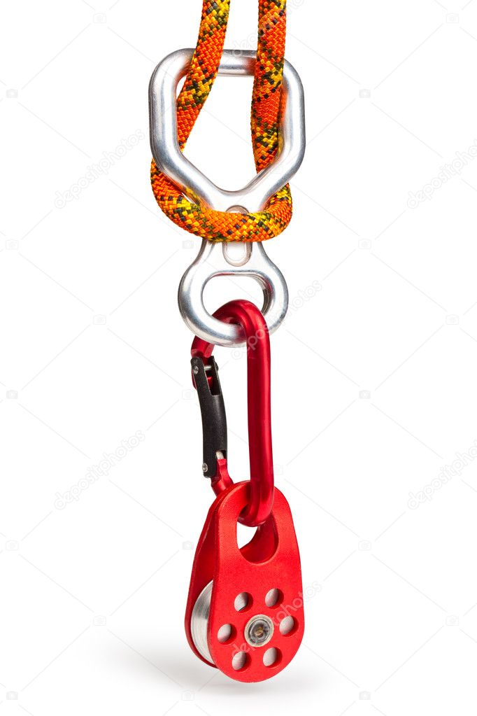 Climbing equipment - pulley, rope, carabiner, figure eight