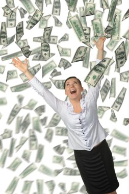 The woman and is a lot of money falling from above clipart