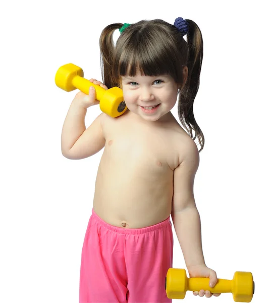 Little girl with dumbbells — Stock Photo, Image