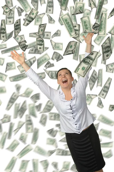 De vrouw en een heleboel geld vallen van bovenaf — Stockfoto
