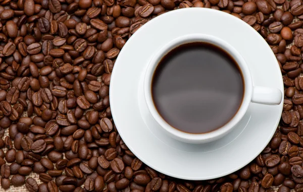 Чашка кофе на зернах кофе — стоковое фото