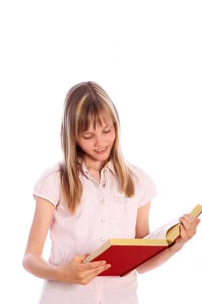 Menina loira com um livro vermelho — Fotografia de Stock