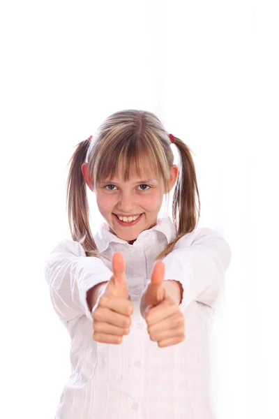 Young girl shows two thumbs up — Stock Photo, Image