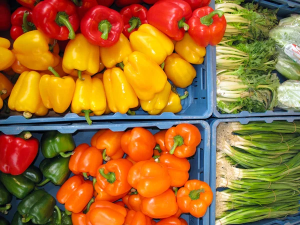 Colorful bell peppers and spring onions — Stock Photo, Image