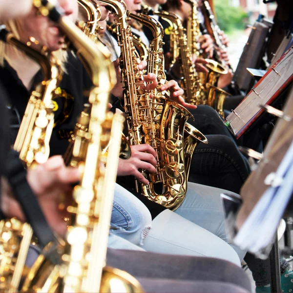Many saxophone player in the orchestra — Stock Photo, Image