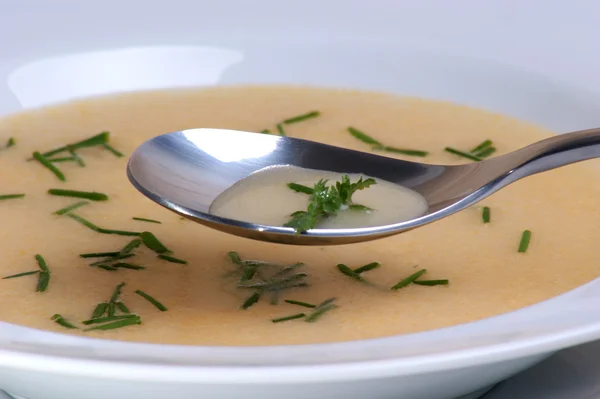 Garlic cream soup in a white bowl — Stock Photo, Image
