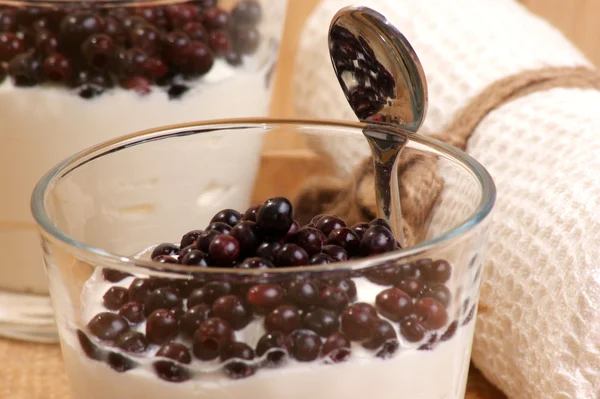 Some fresh organic elderberries and yoghurt in a glass — Stock Photo, Image