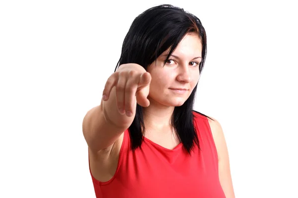 A young woman show with her fingertip — Stock Photo, Image