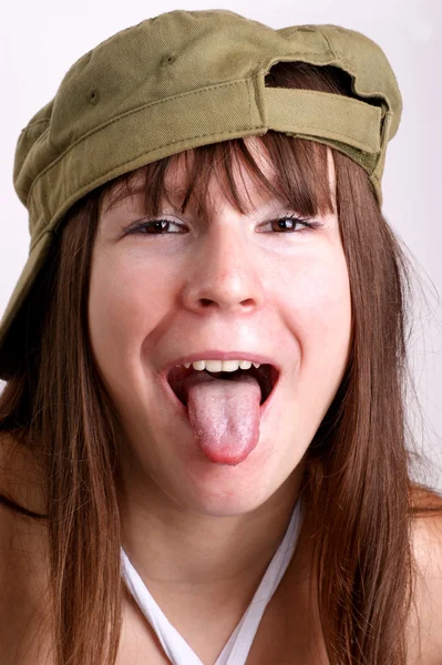 stock image A young woman carries a farmers hat