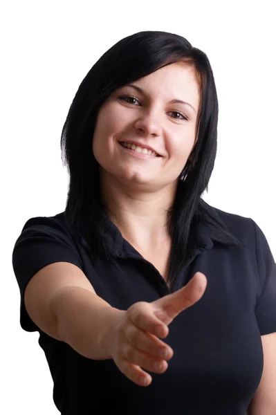 En ung kvinna ger sin högra hand säga hej — Stockfoto