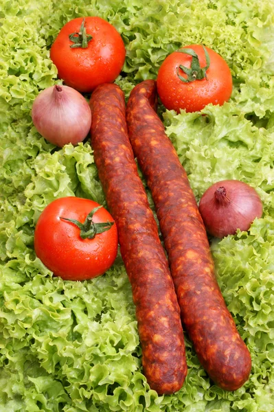 Home made salami on some fresh organic salad — Stock Photo, Image