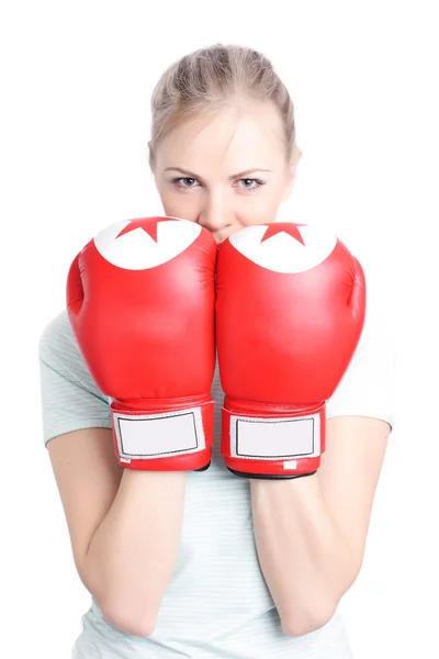 Красива жінка з рукавичками з червоного боксу — стокове фото