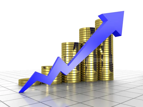 Gráfico de negócios, 3d renderizado gráfico de seta conceitual e moeda — Fotografia de Stock