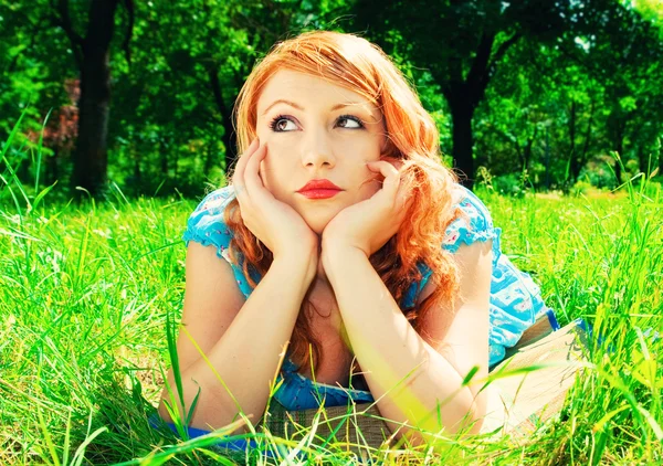 A redhead laying in a meadow — Stock Photo, Image