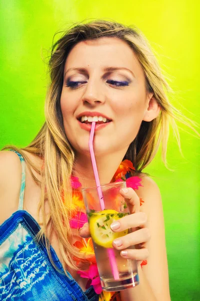 stock image Beautiful blonde wearing lei