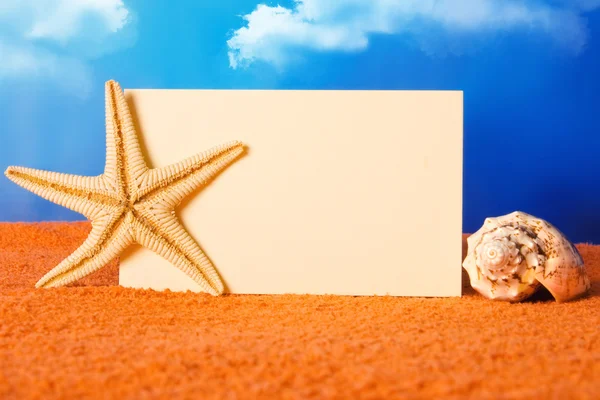 Концепция пляжа с ракушками, морской звездой и бланковой открыткой — стоковое фото
