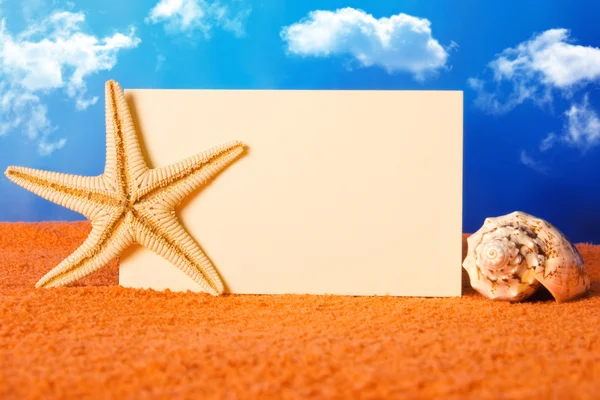 Концепция пляжа с ракушками, морской звездой и бланковой открыткой — стоковое фото