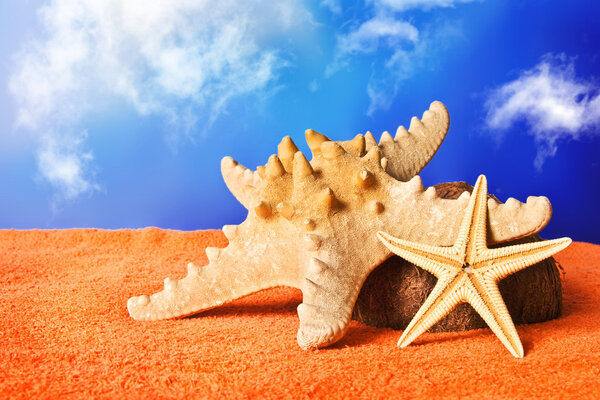 A couple of sea stars on a beach towel (vacation concept)