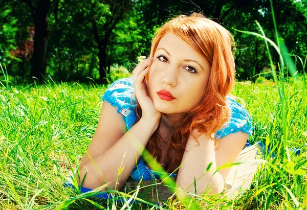A redhead laying in a meadow — Stock Photo, Image