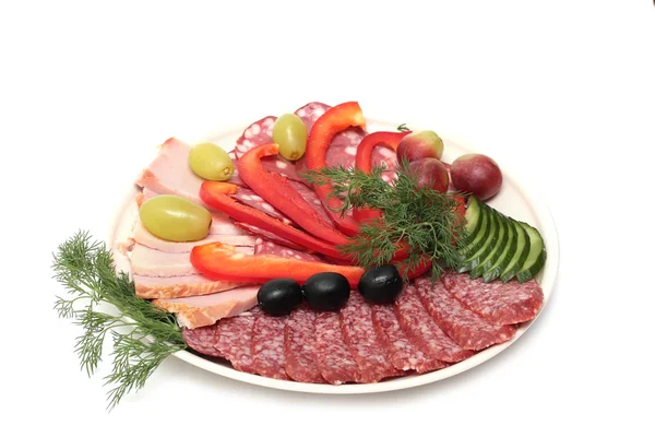 stock image Dish with salami slices, meat