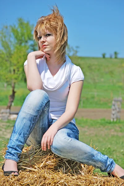 Piękne dziewczyny na belę siana — Zdjęcie stockowe