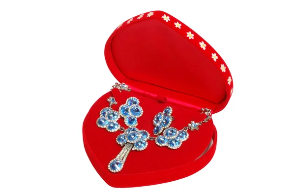 Modré šperky v červené krabici — Stock fotografie