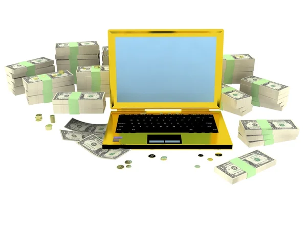 Golden success computer and money bills — Stock Photo, Image