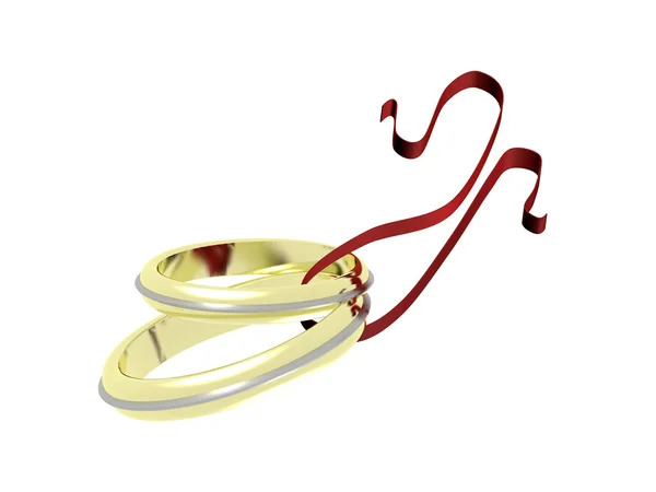 Two golden rings with diamonds tied up with red tape — Stock Photo, Image