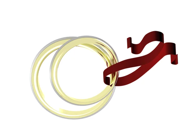 Two golden rings tied up with red band — Stock Photo, Image