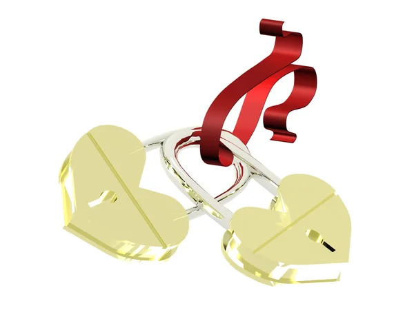 Dos cerraduras doradas - corazones atados con banda roja — Foto de Stock