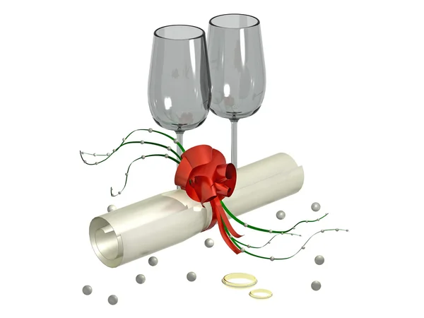 Decorated letter with two glasses and golden rings — Stock Photo, Image