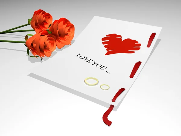 Díszített két arany gyűrűk és vörös rózsa levele — Stock Fotó