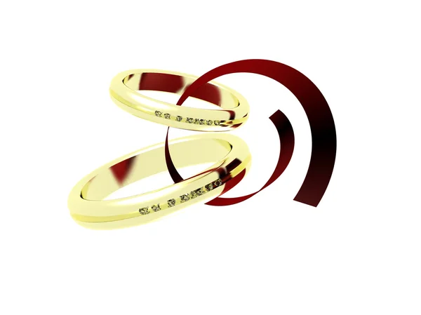 Two golden rings with diamonds tied up with red tape — Stock Photo, Image
