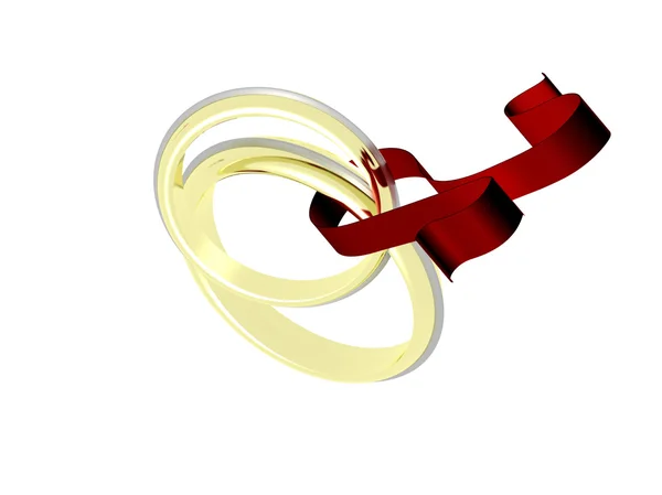 Zwei goldene Ringe mit rotem Band gebunden — Stockfoto