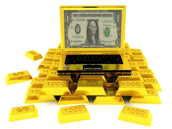 Gouden succes computer op de heuvel van gouden balken — Stockfoto
