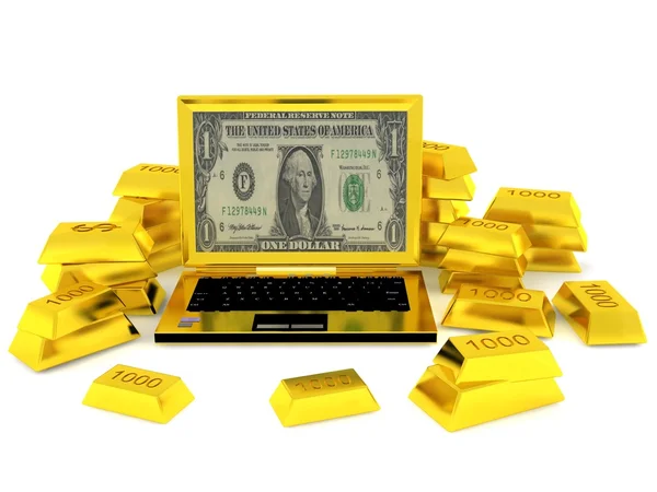 Золотой компьютер успеха в окружении золотых слитков Стоковое Изображение