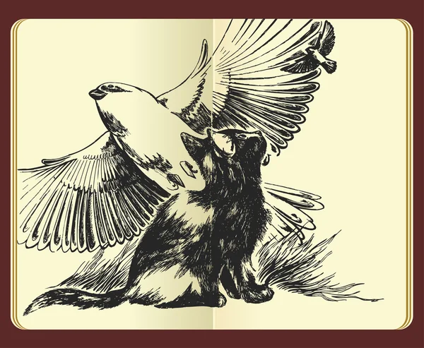 Gato y pájaro dibujado a mano — Archivo Imágenes Vectoriales