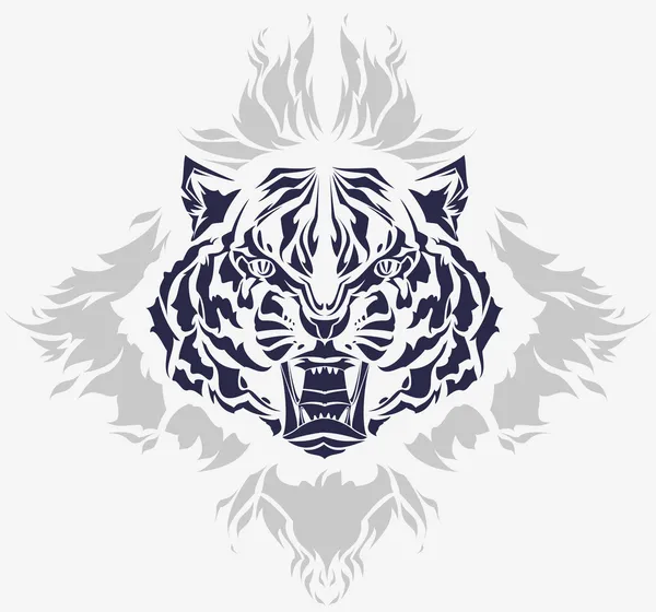 Tête de tigre rugissante et flammes — Image vectorielle