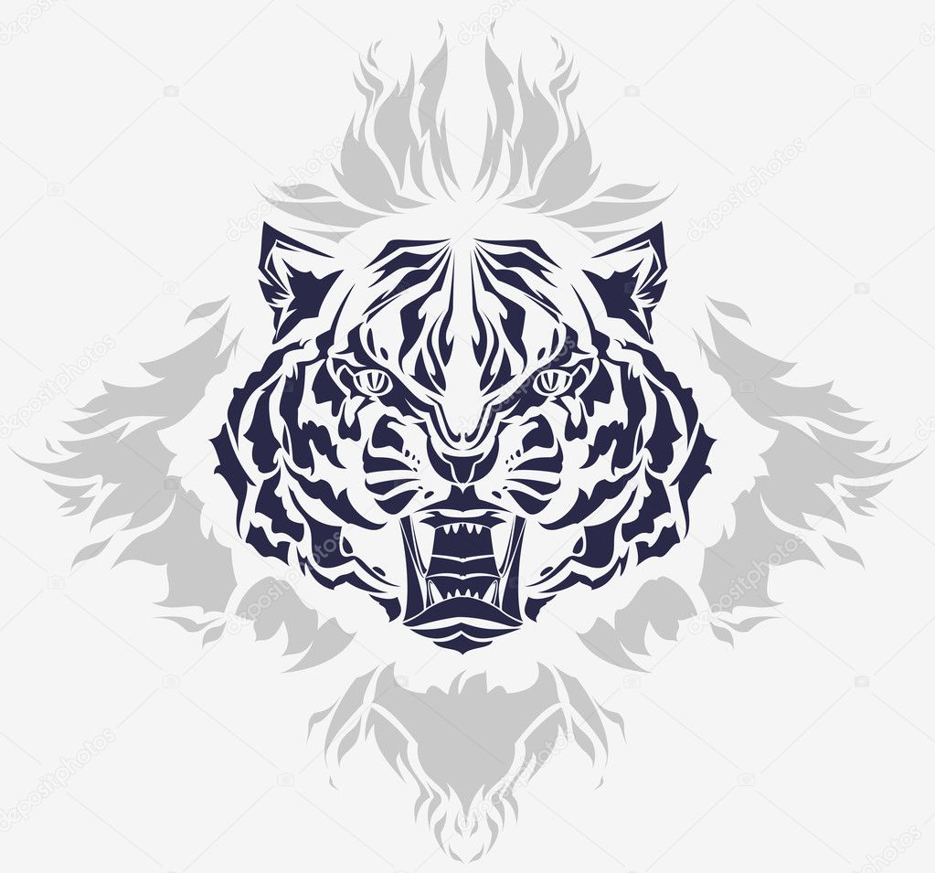 Roaring tiger head and flames