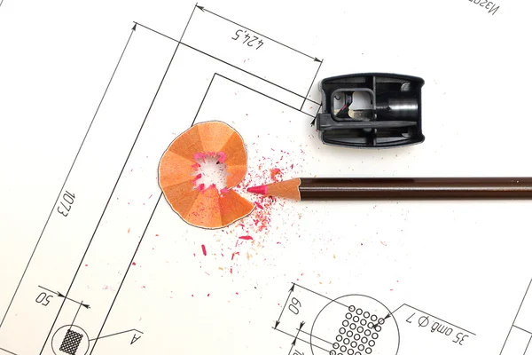 Sharpener, pencil and blueprints — Stock Photo, Image