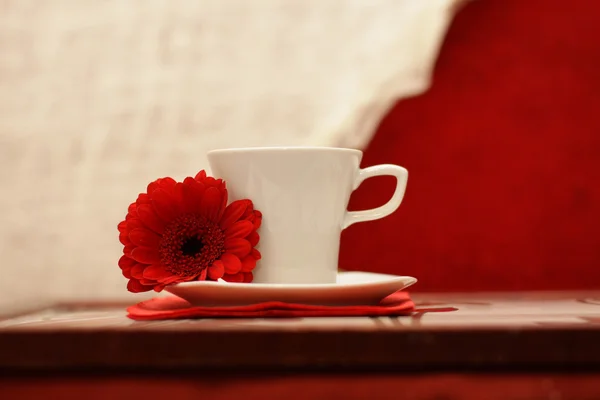 丰盛的早晨。白杯，一朵红色的花 — 图库照片