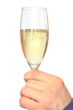 Hand holding glass of champagne isolated on white clipart